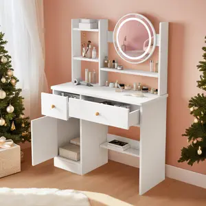 Small Vanity Desk with Mirror and Lights, Compact White Dressing Table Set ,Makeup Vanity Table for Small Space, for Bedroom, Easy Assembly, White