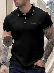 Men's Regular Fit Letter Print Contrast Trim Polo Shirt, Casual Short Sleeve Half Zip Top for Summer, Fashion Men's Clothes for Daily Wear, Tropical