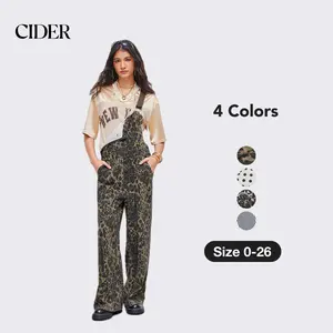 Cider Oversized Denim Leopard Pocket Buckle Up Wide Leg Overall Jumpsuit