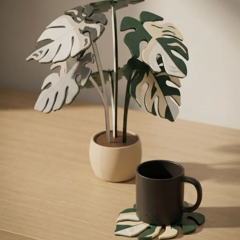 Monstera Leaf Coaster Set - 6 Removable 3D Printed Coasters, Kitchenware Tableware Placemat Alternative, Heatproof Chemical-Free Home & Office Decor