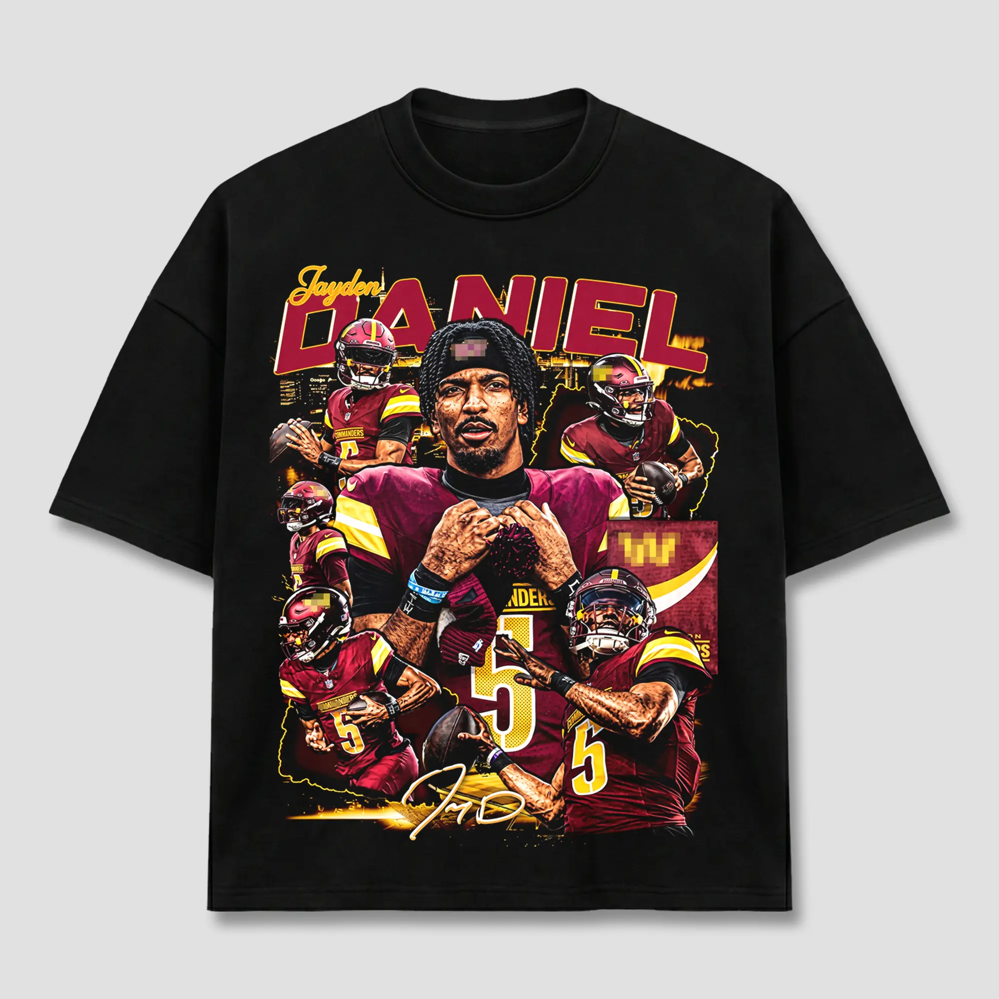 Jayden Daniels #5 T-Shirt, WAS Football Quarterback Tee, Burgundy Gold Collage Front Print Graphic Apparel, Quarterback Retro 90s Bootleg Sports Wear, Football Fan Heritage Gift, Men Women Heavyweight Oversized Clothing