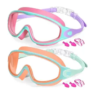 Kids Swimming Goggles, 2-Count Anti-Fog Goggles with Earplugs, Wide-View Design and Comfortable Silicone Material for Boys & Girls, Swimming and Diving Goggles
