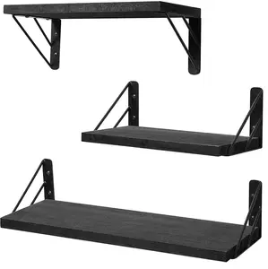 Wall Shelves for Bedroom Decor, Floating Shelves for Wall Storage, Wall Mounted Rustic Wood Shelf for Books,Plants,Small Wall Shelf for Bathroom,Kitchen,Living Room(Black,Set of 3) Wooden wall organizer, floating shelf, shelves decor, custom shelves