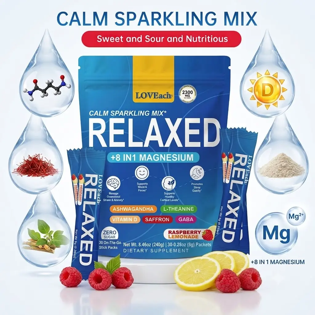 8-in-1 Magnesium Sparkling Mix - Sugar Free Raspberry Lemonade Drink, Single Serve Stress Relief Supplement with GABA, Ashwagandha, L-Theanine for Anxiety Support, Mood Boost, Sleep Aid (30 Packets)