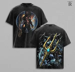 Ocean King Vintage Oversized Acid Wash Tee Double Printed Cotton Comic Movie Graphic T Shirt Trident Of Atlantis Dark Streetwear Shirt