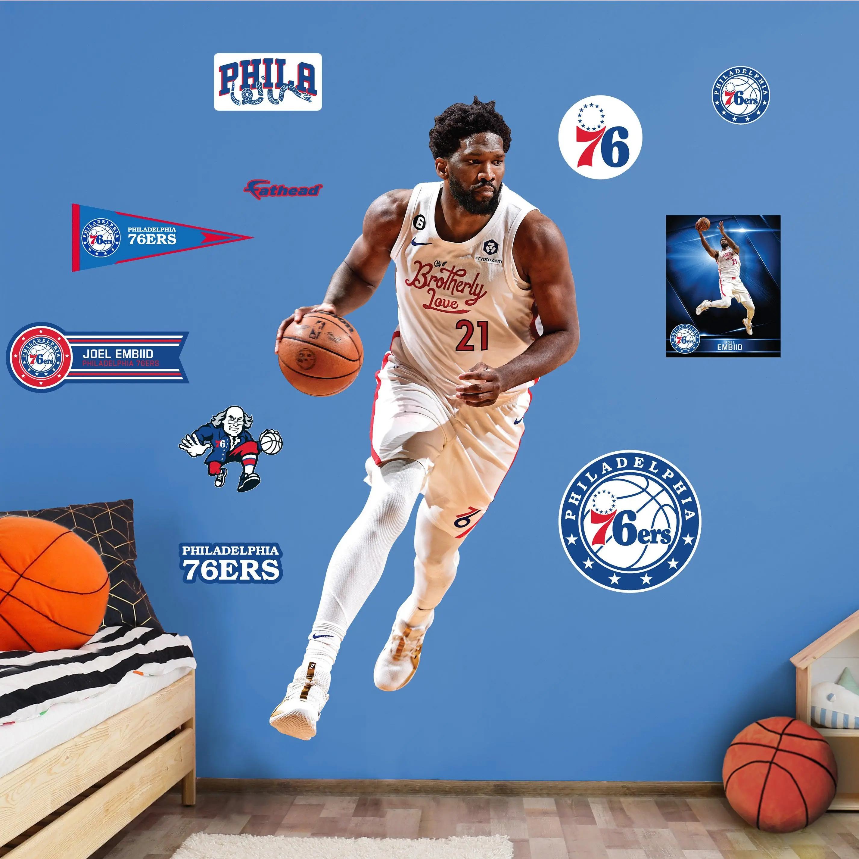 Philadelphia 76ers Joel Embiid #2 Official NBA RealBig City Jersey Collection Reusable Vinyl Wall Decals, Game Day Decor, Easy Removal, Fade-Resistant Inks, Indoor Durability, No Wall Damage, Scratch-Resistant Finish