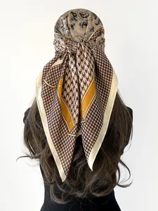 Spring Summer New 90cm Silk Scarf for Women, Checkered Printed Satin Square Shawl, Versatile High-End Wrap, Casual Style, Turban Hijab