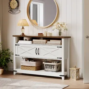 HOOBRO Farmhouse Console Table with Storage, 47.2" Long Entryway Table, White Sofa Table with Doors and Cabinets, Narrow Sofa Table Behind Couch, for Hallway, Foyer, White and Walnut #SpringSale #BigSpringSale