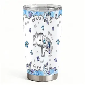 20oz Cute Rhinestone Elephant & Blue Floral Swirl Stainless Steel Tumbler， Tumbler with Lid Double Wall Vacuum Insulated Travel Mug