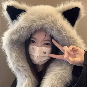 A Soft Polyester Faux Fur Cat Ear Hat with an Integrated Scarf, Suitable for Both Men And Women in Winter, Stylish And UniGender, Lightweight, with a Closure, Perfect for Singles Parties.-yy