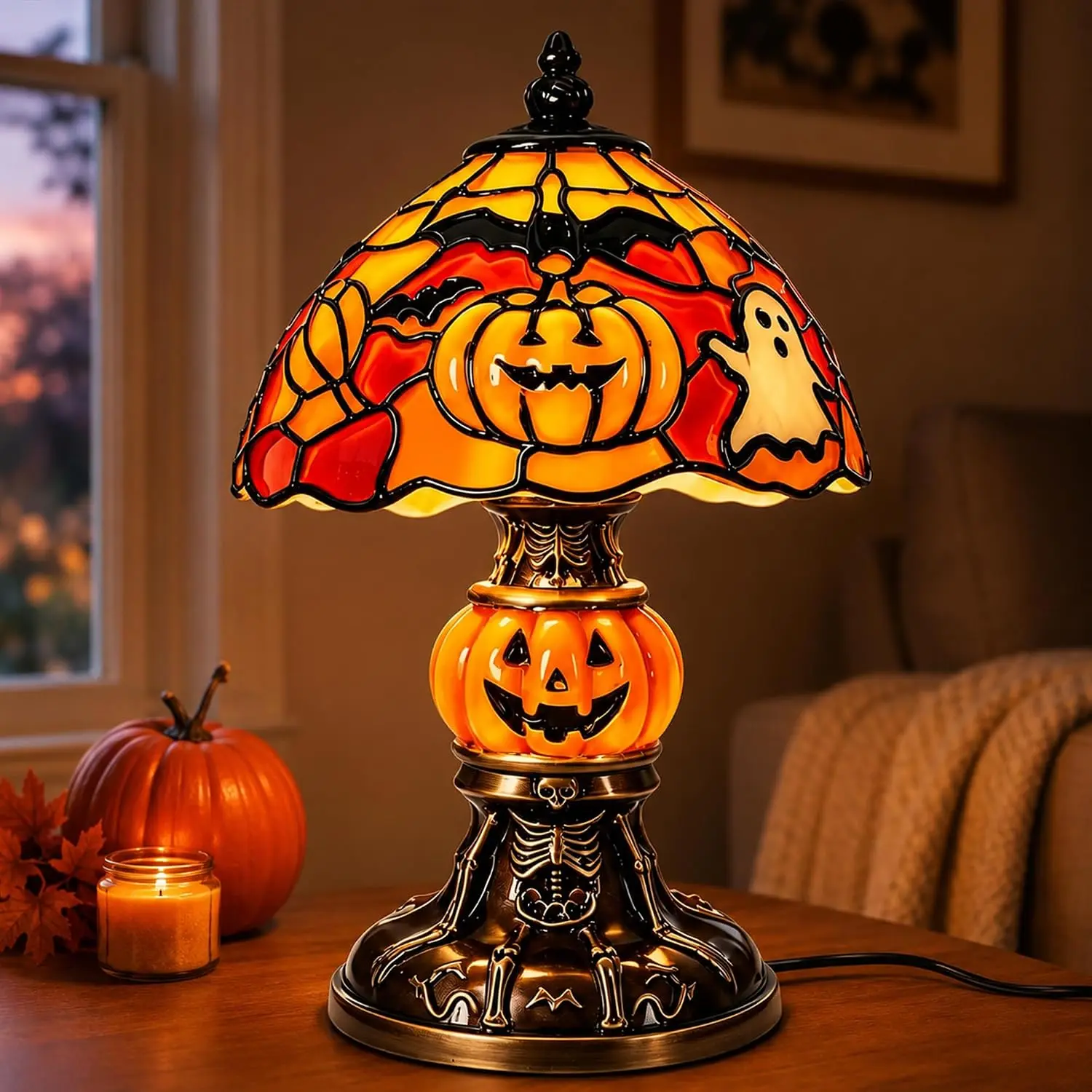 2‑Color Halloween Stained Glass Table Lamp, Tiffany‑Style Pumpkin Ghost Bat Decor Lamp, Skeleton Skull Base Warm LED Night Light, Retro Spooky Desktop Lamp for Halloween Home Party Decoration