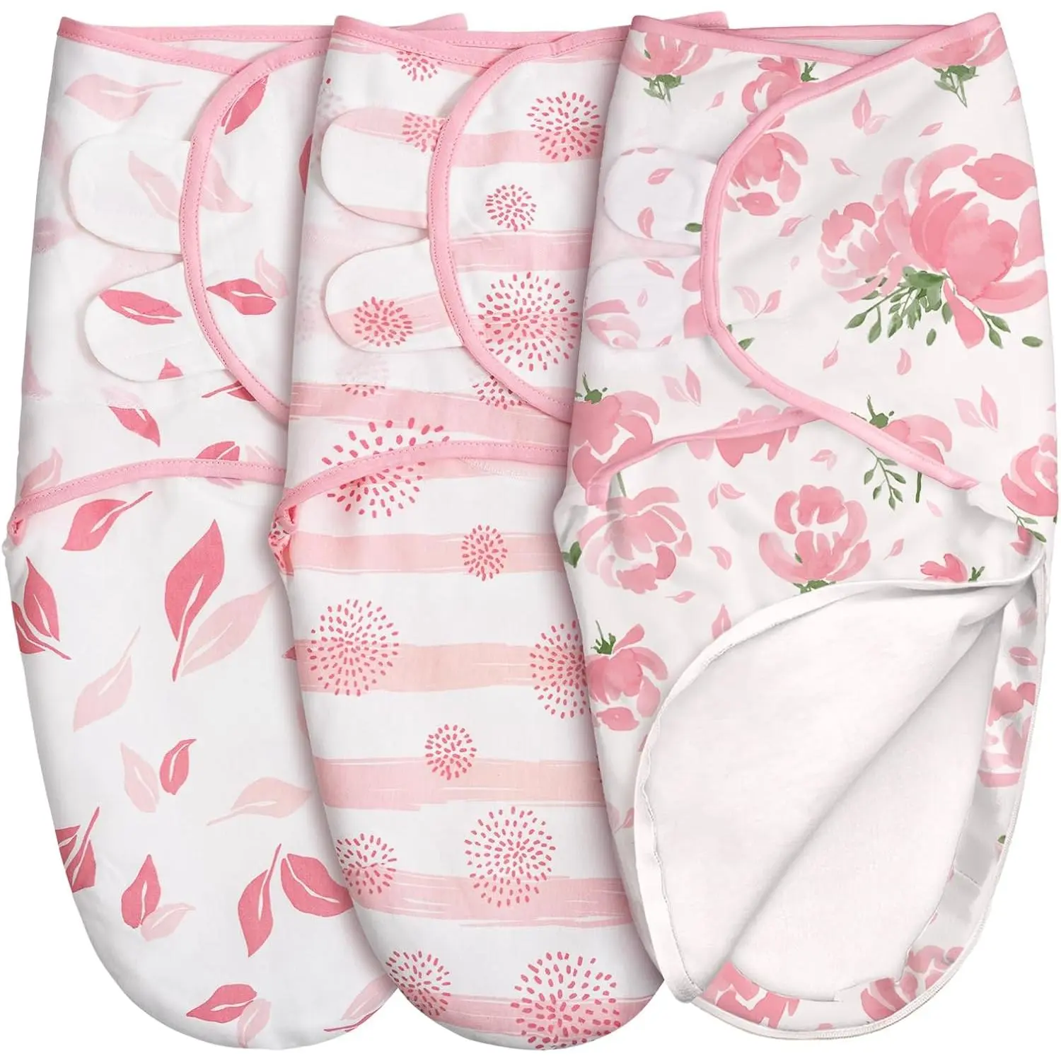 3-piece set of baby swaddle sleeping bags with zipper, newborn swaddle bag for 0-3 months, pink floral pattern, easy-change swaddle blanket set