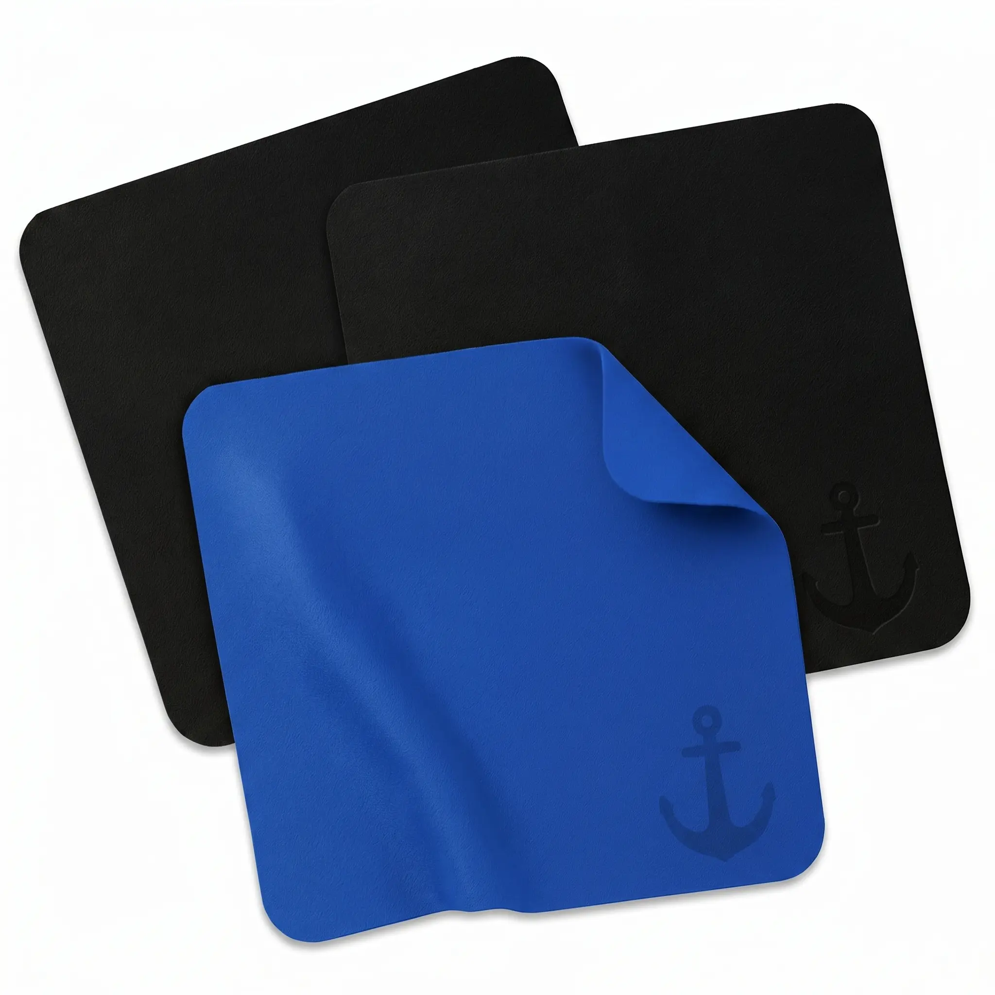 Anchor Lens Cleaning Cloths – 3 Pack (2 Black, 1 Blue) – Microfiber Suede Wipes 7x6” – Anti-Scratch, Streak-Free for Glasses, Sunglasses, VR, AR, Camera, Phone, Tablet, Screen – Anchor Glasses Straps