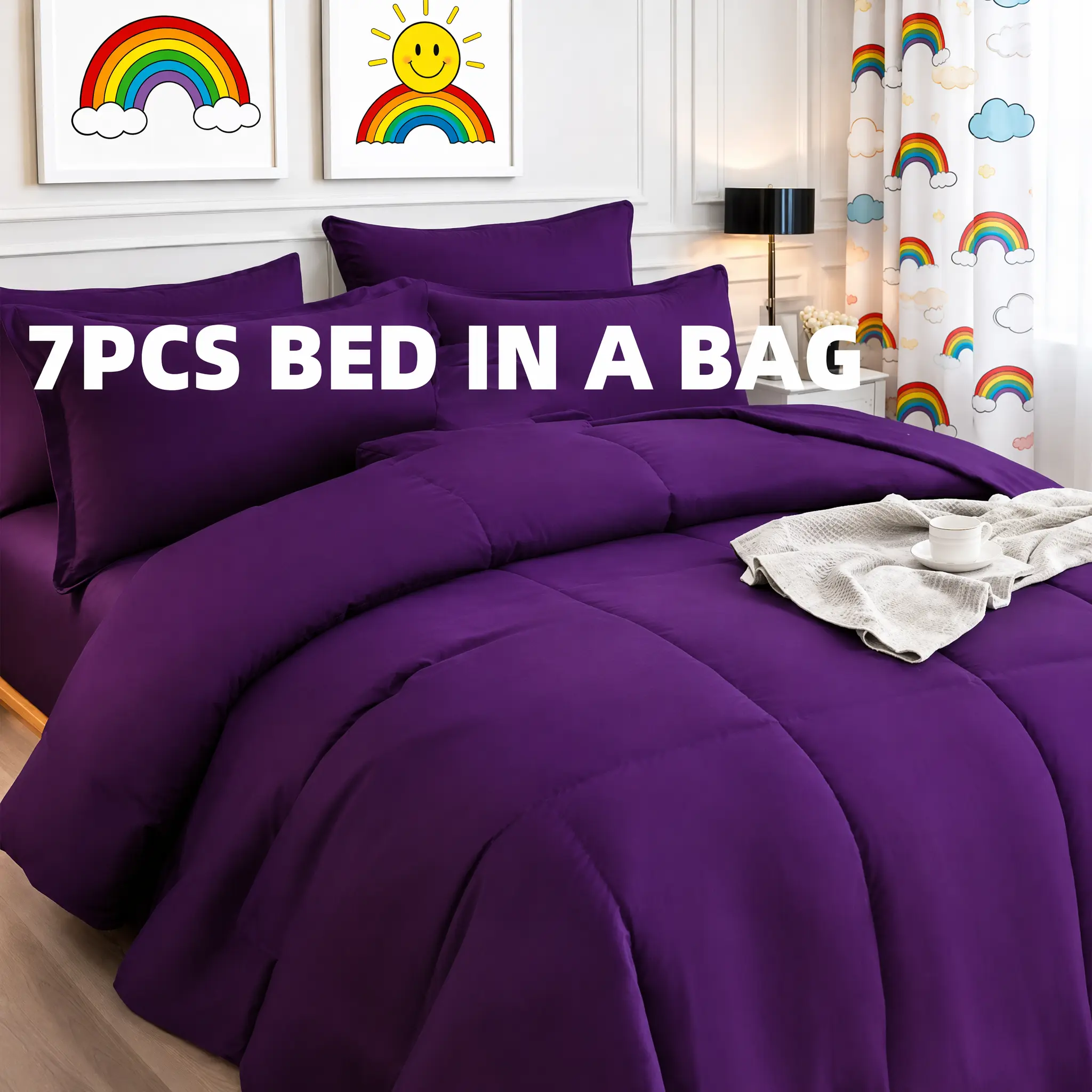 Cosybay Polyester Mix Comforter Set 7pcs - Queen/King Size (Navy Blue & Grey) Bed-in-a-Bag, Includes 1 Fitted Sheet, 1 Flat Sheet, 4 Pillowcases, Bed Comforter Set for Kids, Holiday Season Gifts #halloweenfinds #tiktokshopbacktoschool #1stdayofschool