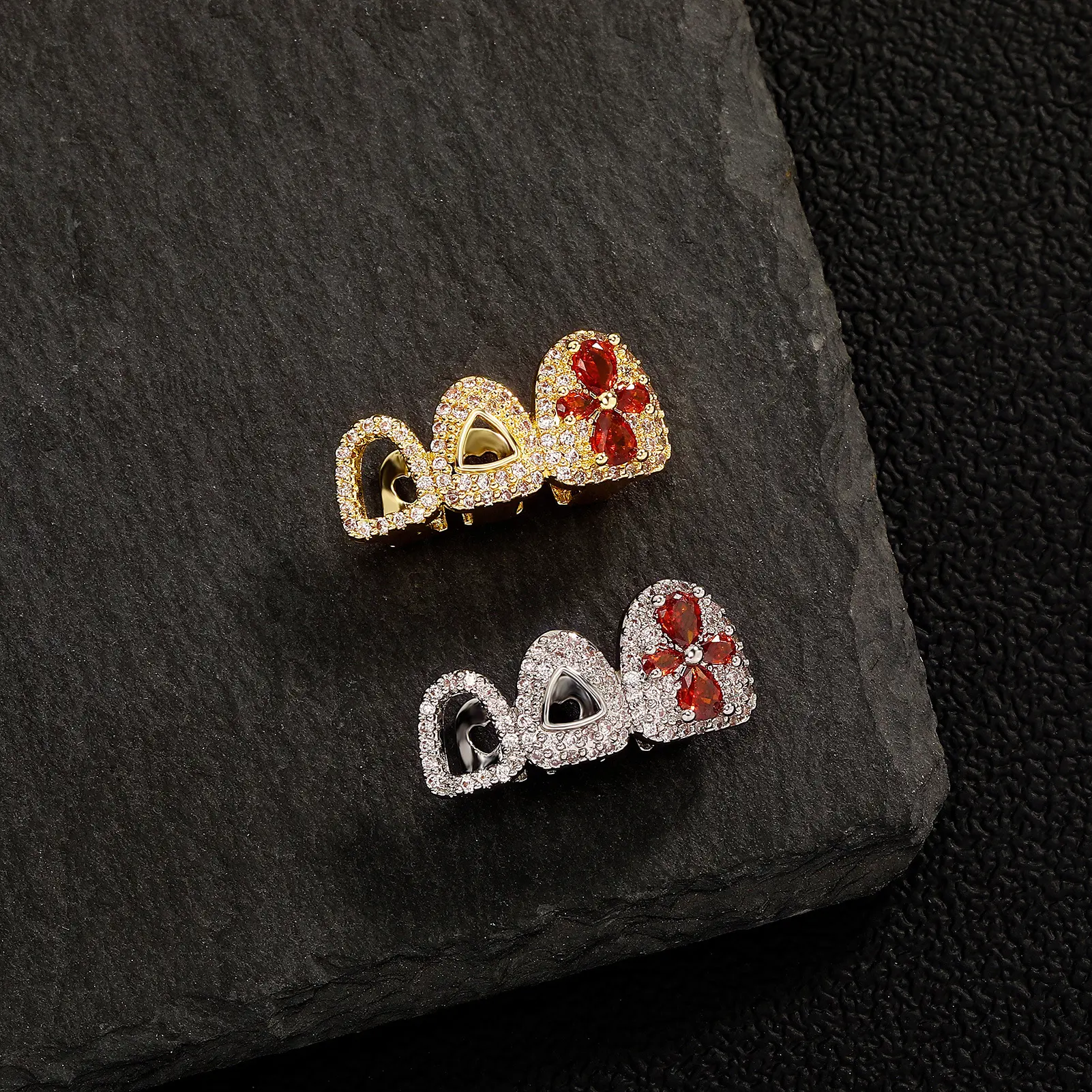 Wholesale dental braces: Four-leaf clover, double heart, large zirconia dental braces, Christmas super shiny diamond GRILLZ, hollow gold teeth
