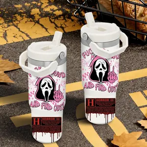 Horror Movie S-Scream Ghost Face Vacuum Flasks 30oz Stainless Steel Flip Straw Tumbler with Handle - Leakproof Twist Lid Vacuum Insulated Travel Mug - BPA Free Reusable Water Bottle for Gym Work and Travel - Fits Car Cup Holders