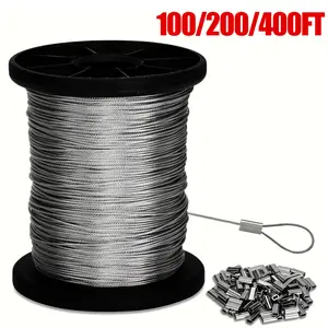 400/200/100ft Wire Rope Crimping Tool Kit, 1/32" Stainless Steel Wire Rope Cable with Aluminum Crimping Sleeves and Stainless Steel Thimbles for Railing, Decking, Picture Hanging