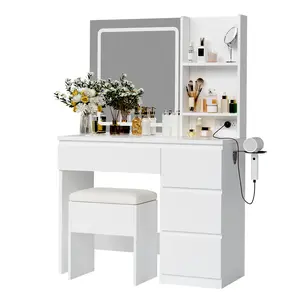 Vanity Desk with 3-Color LED Lighted Mirror, 4 Drawers, Hair Dryer Holder & Power Outlets, Modern Makeup Dressing Table with Storage Stool, Black White Natural Vanities for Bedroom