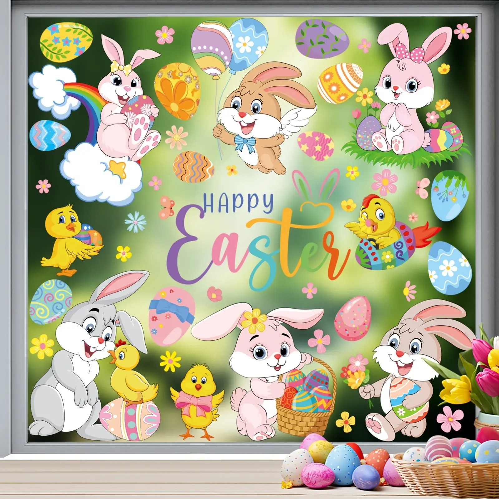 116 Pcs Easter Window Stickers Set, Spring Colorful Eggs Bunny Chick Flower Glass Decals, Easter Decoration Gift for Home Decor