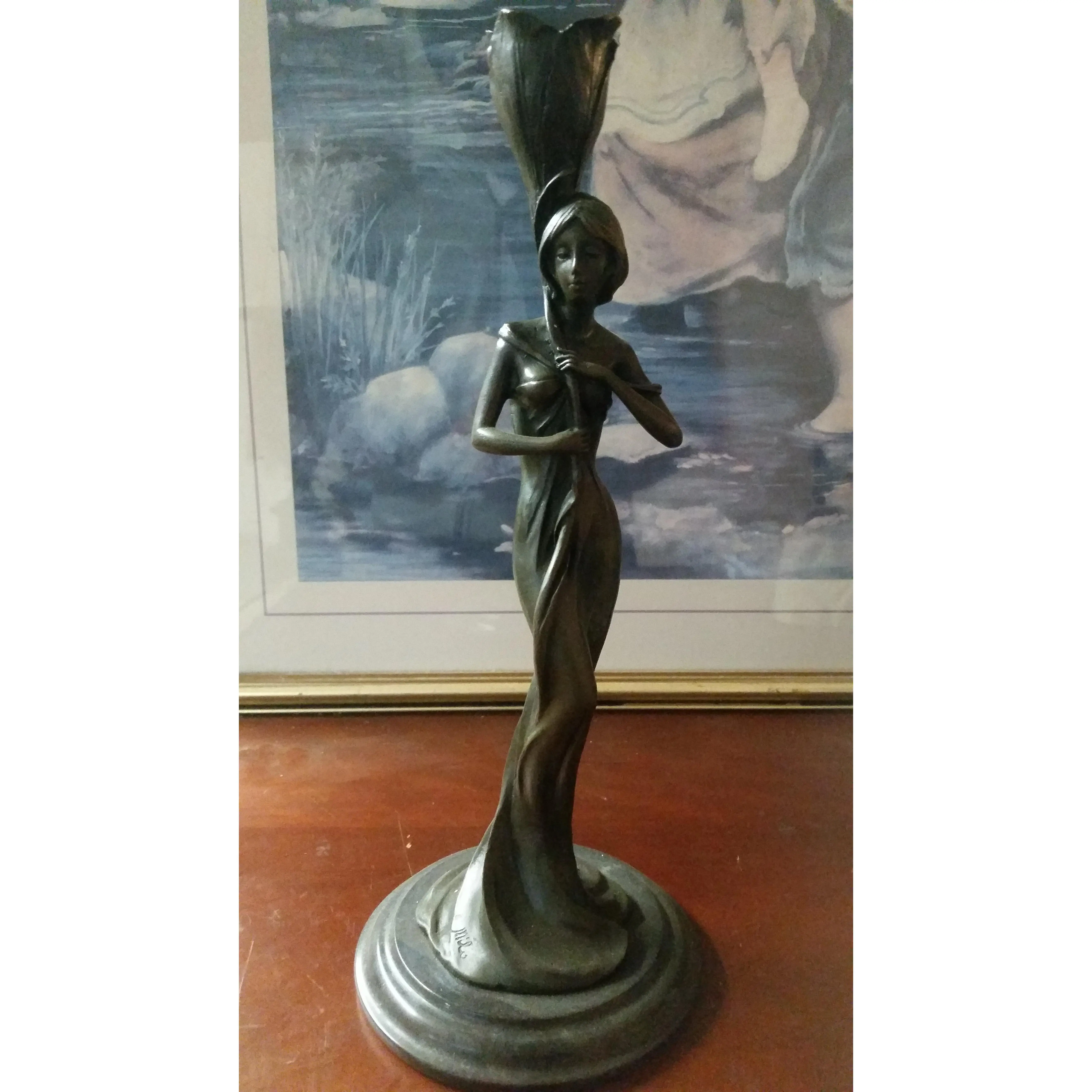 Bronze Candle Holder - Lady Holding Rose