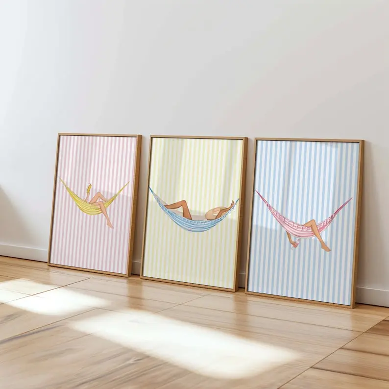 Set of 3 Pastel Beach Hammock Prints, Coastal Stripe Summer Decor