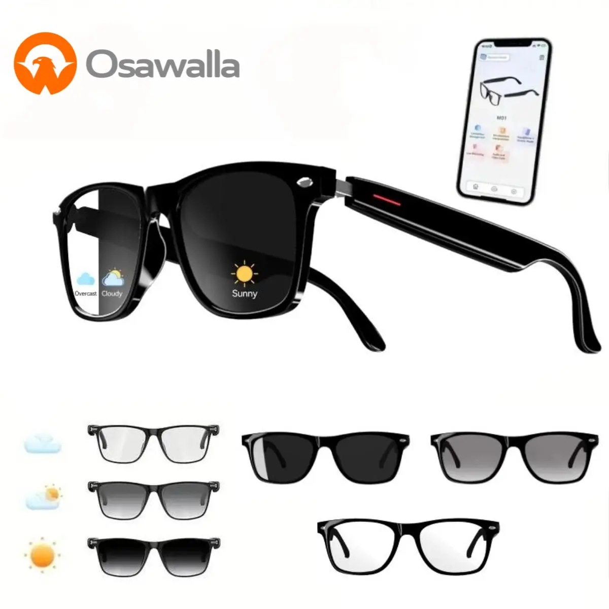 OSAWALLA Wearable AI Smart Glasses Cool Gadgets - 25+ Language Support, Chat GPT Integration, HiFi Audio Keeps Calls Sound Rich, HiFi Music Quality, Hands-Free Voice Call, Microphone, Speaker, Color-Changing Lens Boosts Visibility, Suitable for Driving