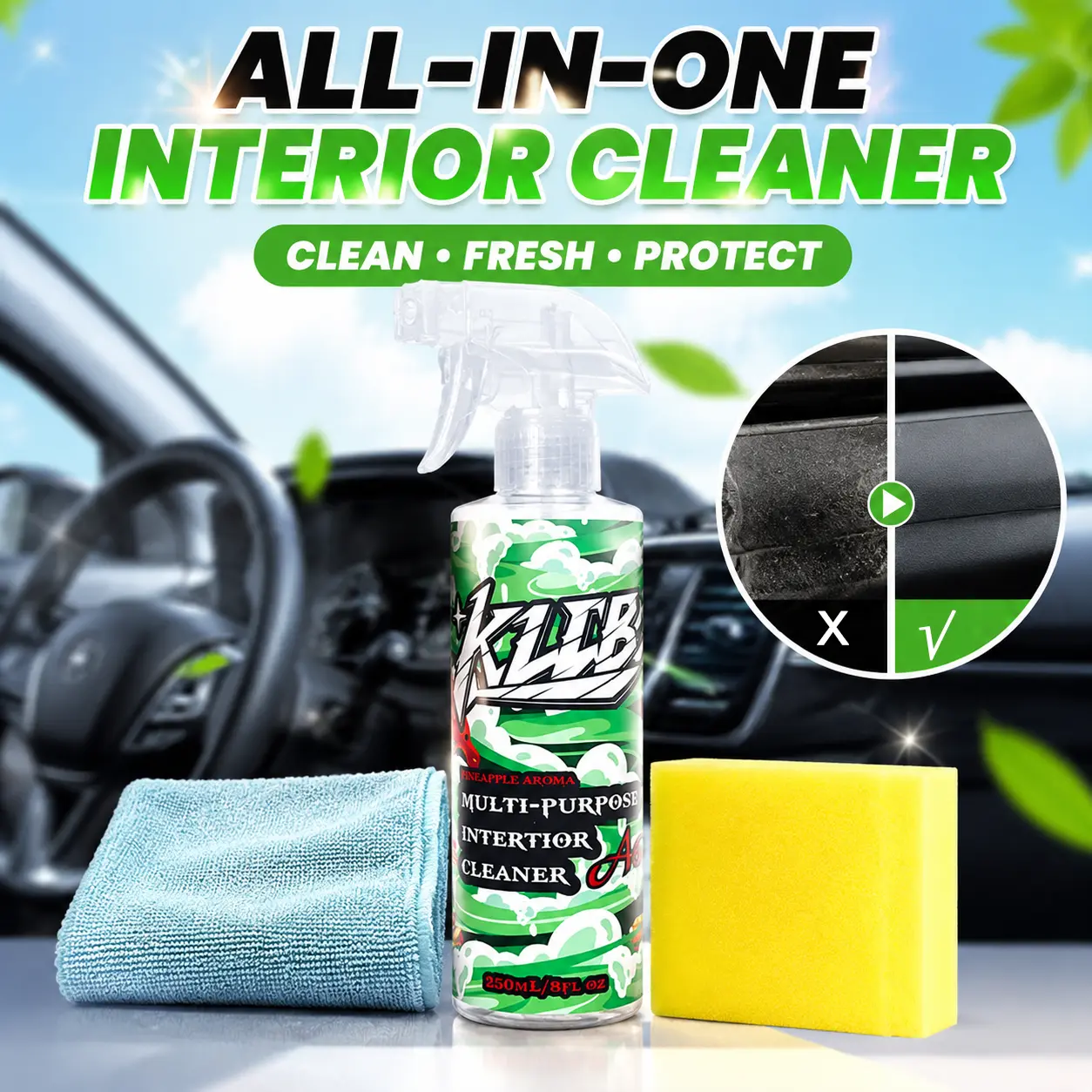 All-in-One Car Interior Cleaner Spray – Deep Cleaning Detailer for Car Interior, Removes Dirt, Stains & Grime Instantly, Anti-Static Dust Resistant Protection for Leather, Vinyl, Plastic & Dashboard Surfaces