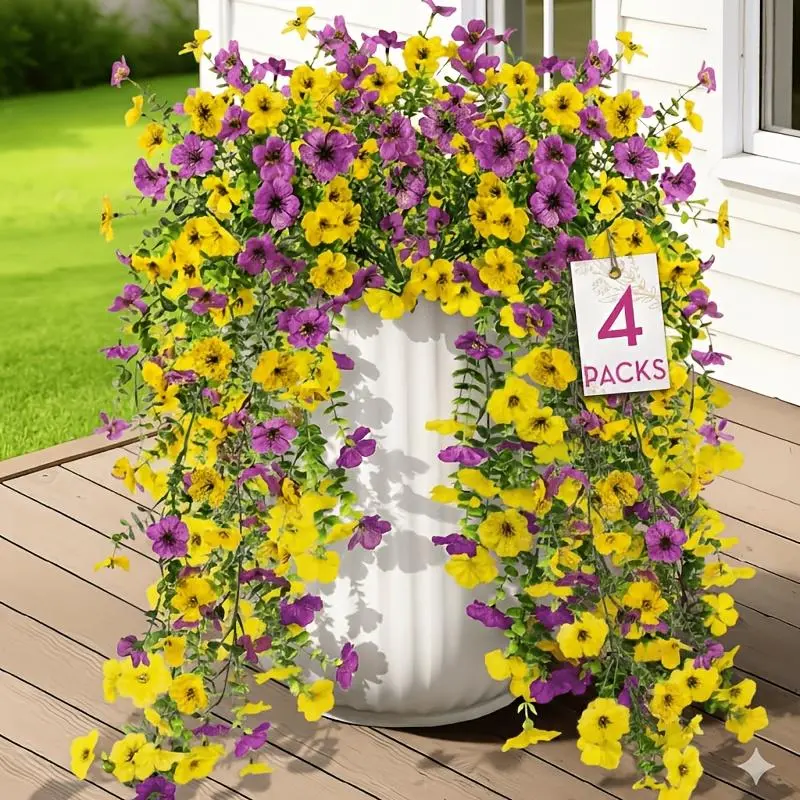 Artificial hanging purple flower plants, suitable for outdoor summer decoration. The imitation flowers and eucalyptus leaves are resistant to ultraviolet rays and have a realistic appearance. Suitable for outdoor furniture and indoor flower pots.