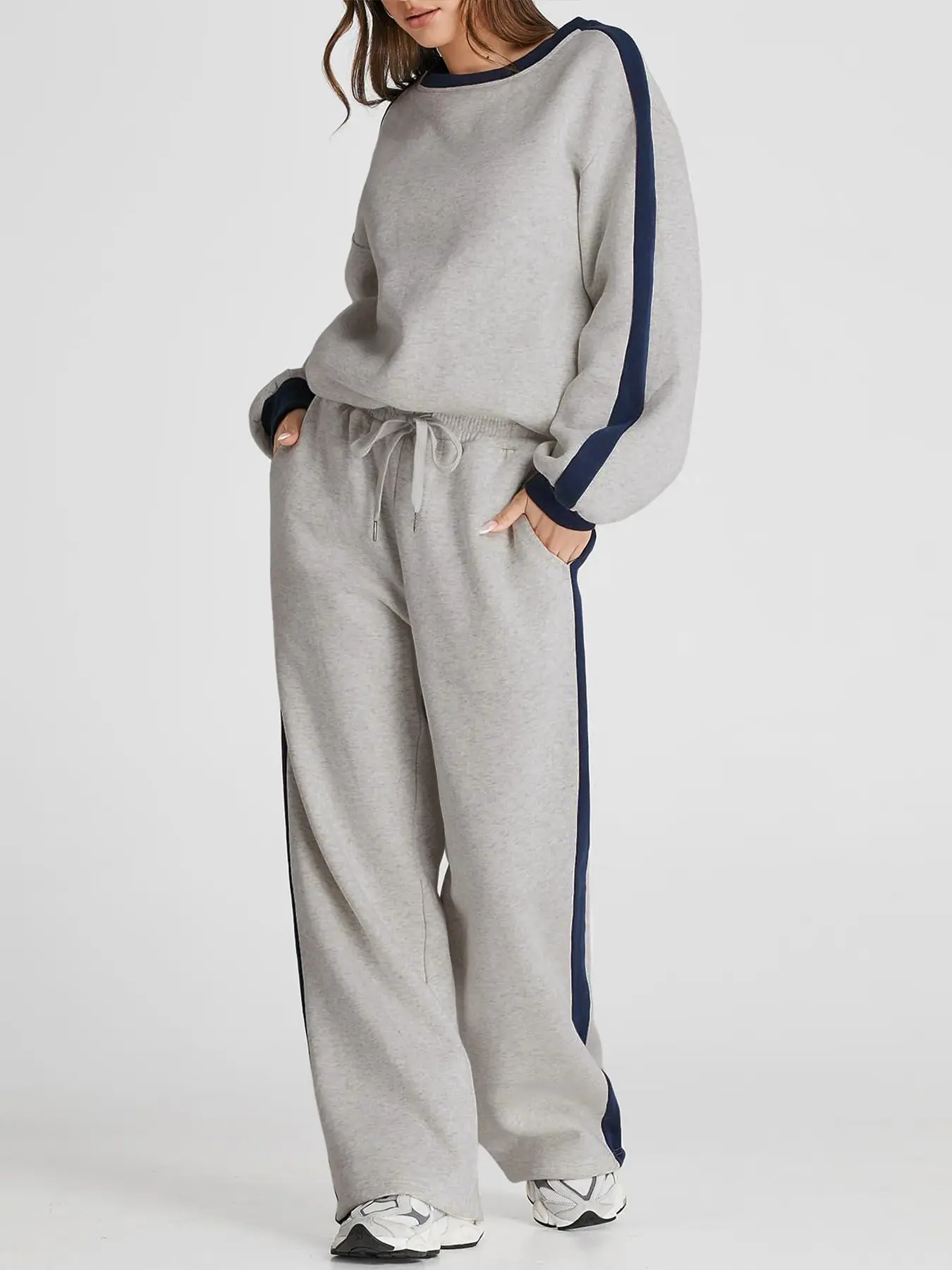 Women's Casual Patchwork Set, Colorblock Top & Loose-Fit Pants, Fall Winter, Comfortable Sportswear for Daily Wear, Athletic Activewear Tracksuits, Sweatsuit Sets, Sweatsuit Outfits, Sporty Style Outfits, Athleisure Wear, Athleisure Activewear Clothing