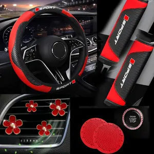 10pcs Car Interior Set PU Leather Dual Color Design, Universal Size, Steering Wheel Cover, Seat Belt Protector, Cup Mat, Air Vents Decor, Car Interior Accessories