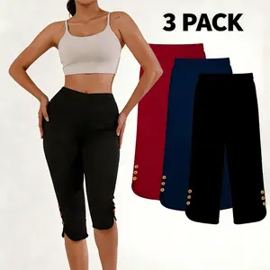 Women's High-Waisted Slimming Yoga Pants 3-Pack Butt-Lifting 4-Way Stretch Silky Soft 7/8 Length Button Detail for Workouts & Casual Wear - Clothes, Womenswear
