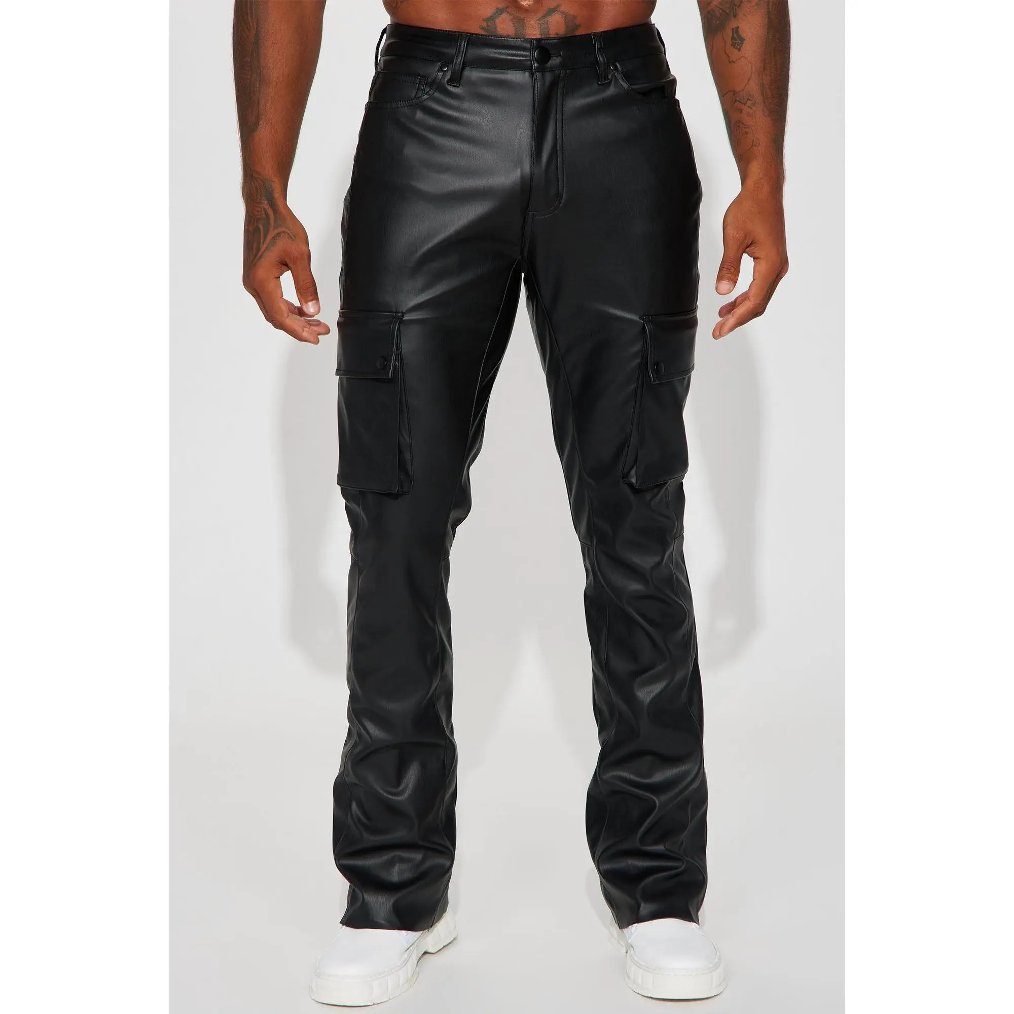 Finest Faux Leather Cargo Slim Flare Pants - Black