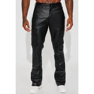 Finest Faux Leather Cargo Slim Flare Pants - Black