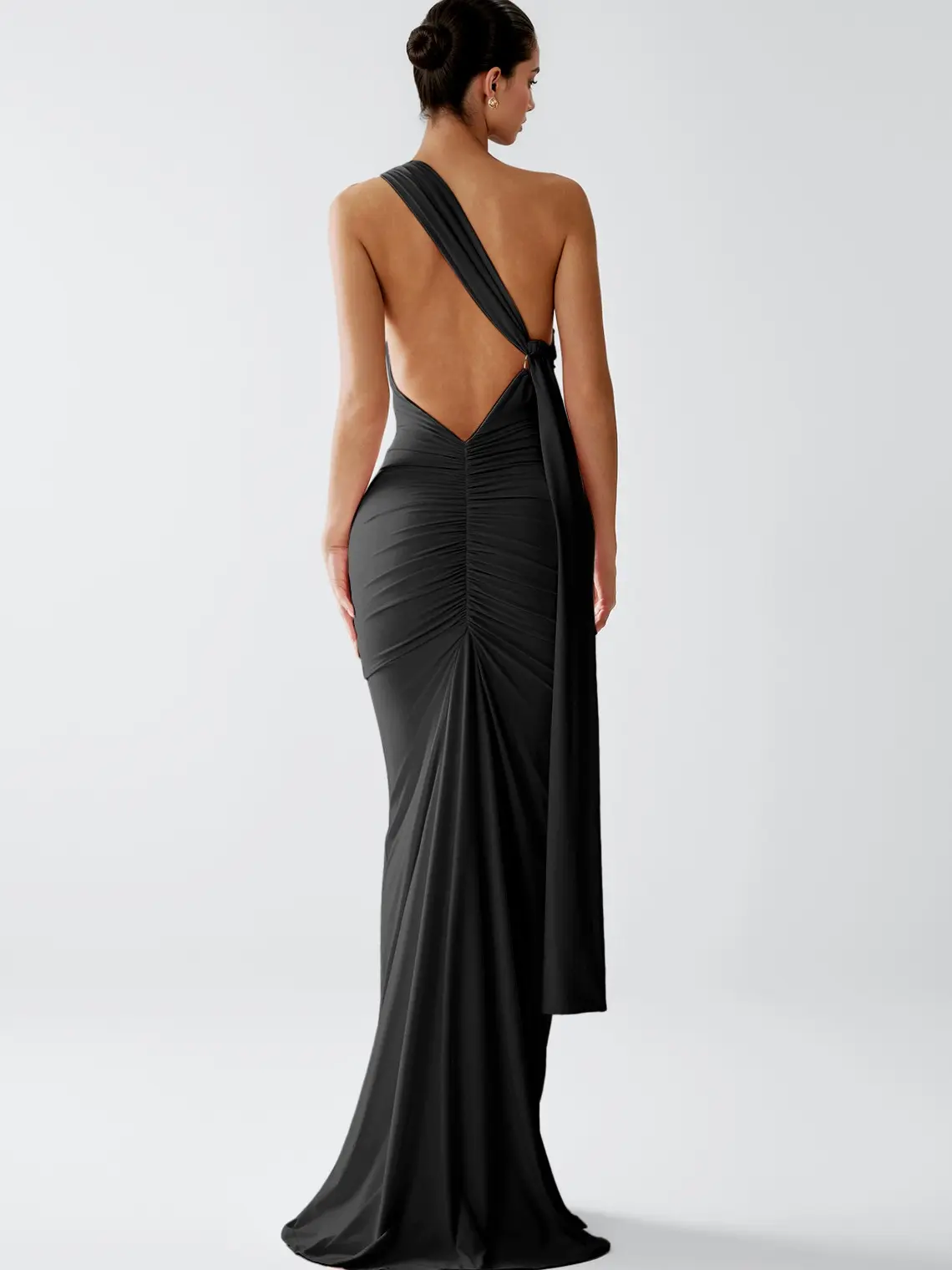 Azazie Lydia One Shoulder Ruched Cutout Slit Formal Wedding Guest Stretch Knit Maxi Dress