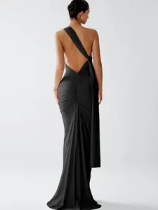 Azazie Lydia One Shoulder Ruched Cutout Slit Formal Wedding Guest Stretch Knit Maxi Dress