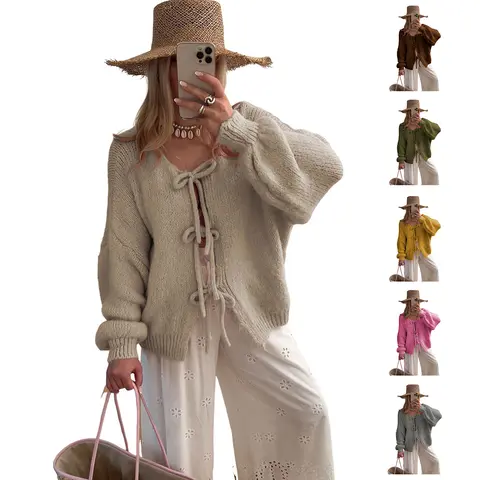 Tanming Womens Tie Front Cardigan V Neck Tie Up Chunky Knit Sweater Coat Long Sleeve Tops Casual Fall Winter Work School Vacation Outfits Clothing