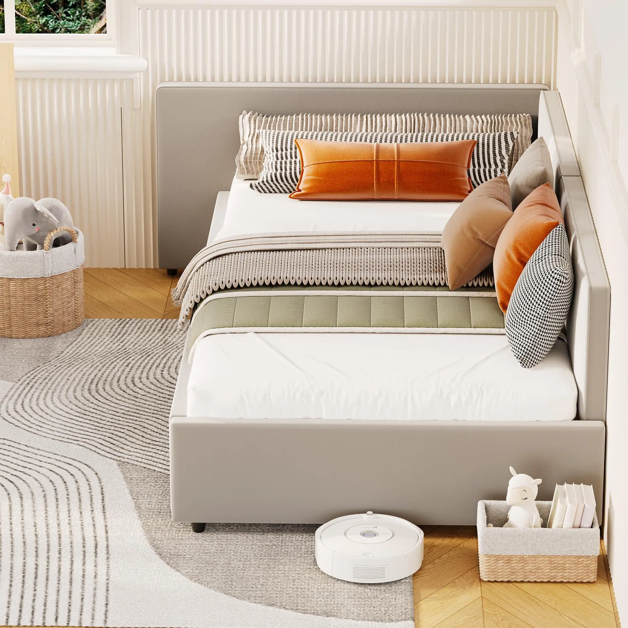 Garvee Twin Daybed with Extended Headboard, Corner Bed Frame with Bed Rails, Velvet Upholstered Sofa Bed with Guardrail for Bedroom, Guest Room,Adjustable Installation, Light Grey