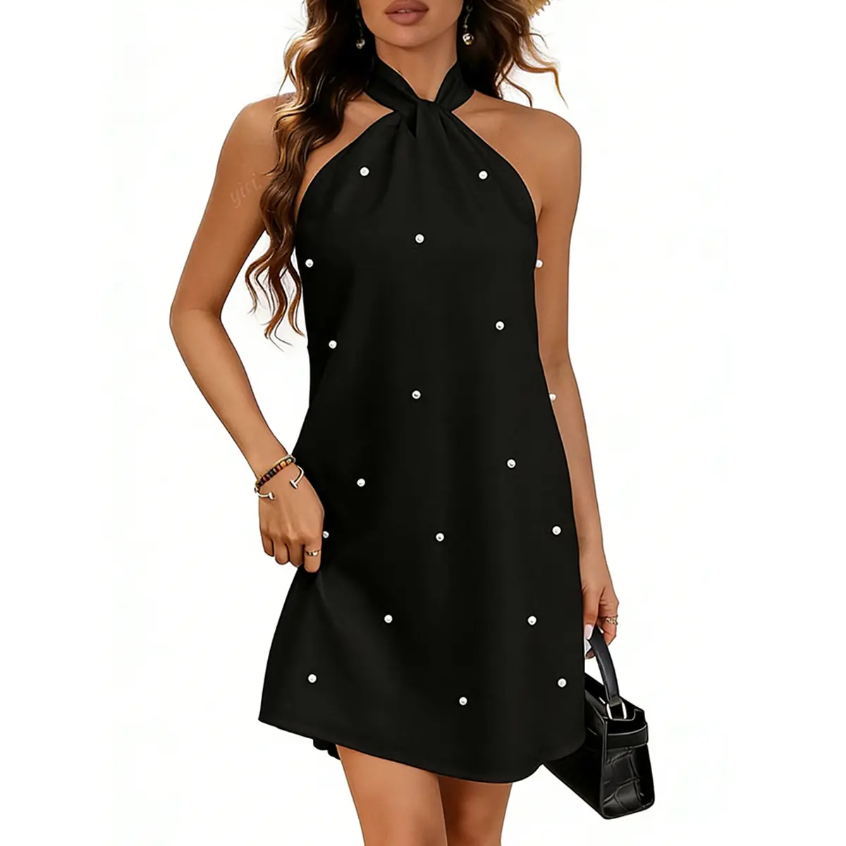 HYZ Women's Pearl Beaded Halter Twist Sleeveless Tie Back Dress A Line Dress HYZ Women's Pearl Beaded Halter Twist Sleeveless Tie Back Dress A Line Dress
