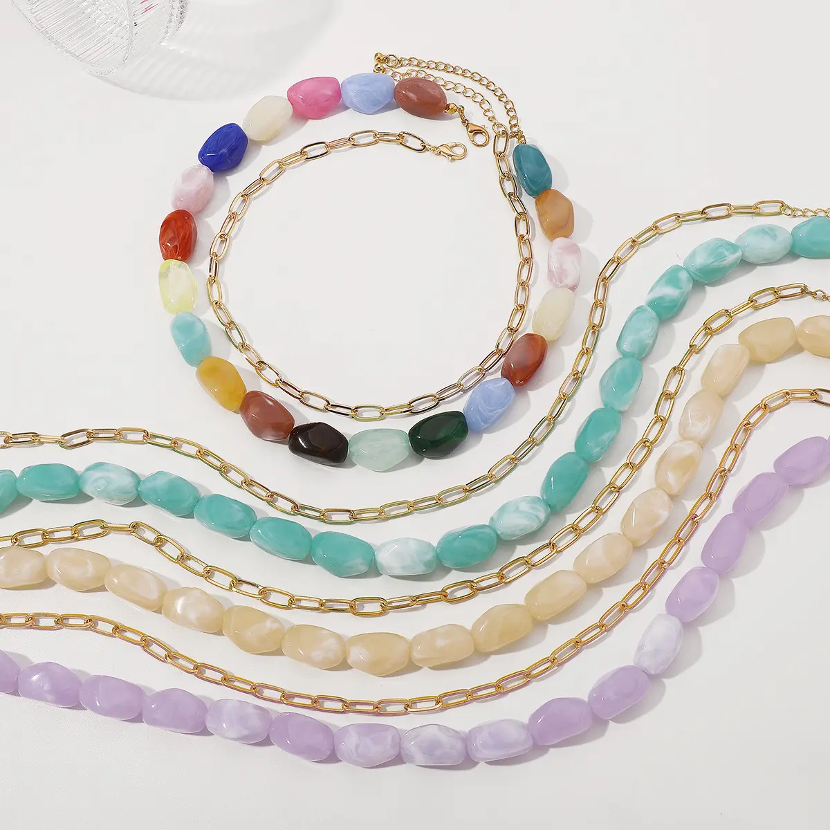 2-Piece Choker Necklace Set for Women, Double Layered Dopamine Style Resin Beaded Geometric Chain & Link Fashion Jewelry