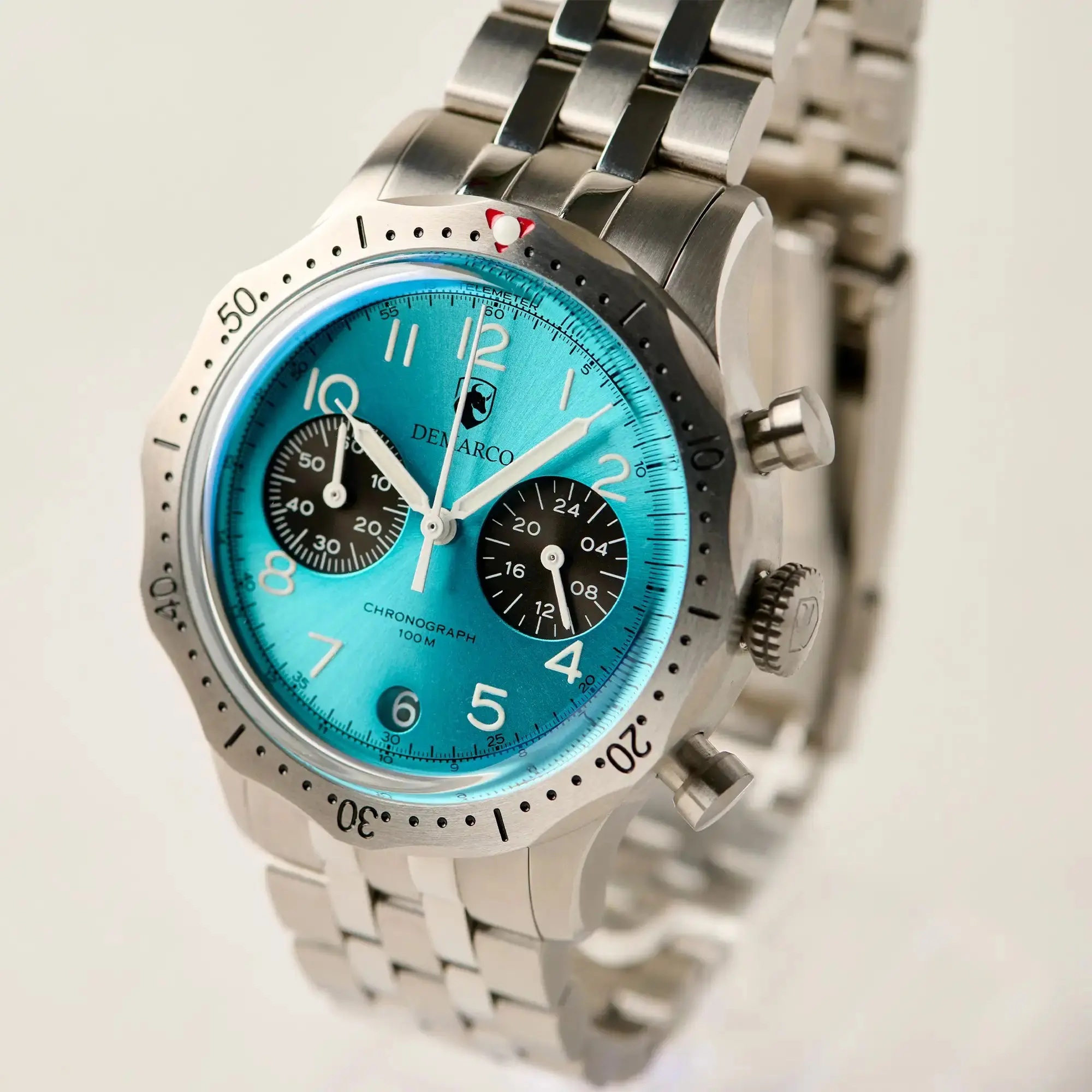 DeMarco Classic Turquoise Chronograph Watch for Male Wear - 41mm Mechaquartz Movement, Sapphire Crystal, Steel/Leather/Rubber Options, Suitable for Everyday Use, Stainless Steel Jewelry