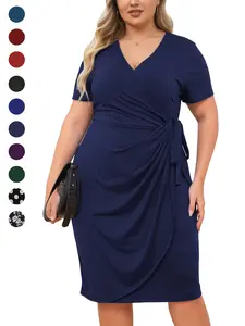 Plus Size Women's Slim Fitted Mid-Length Dress, Casual V Neck Short Sleeve High Waist Summer Dress with Belt, Soft Knit Comfortable Fashion Womenswear