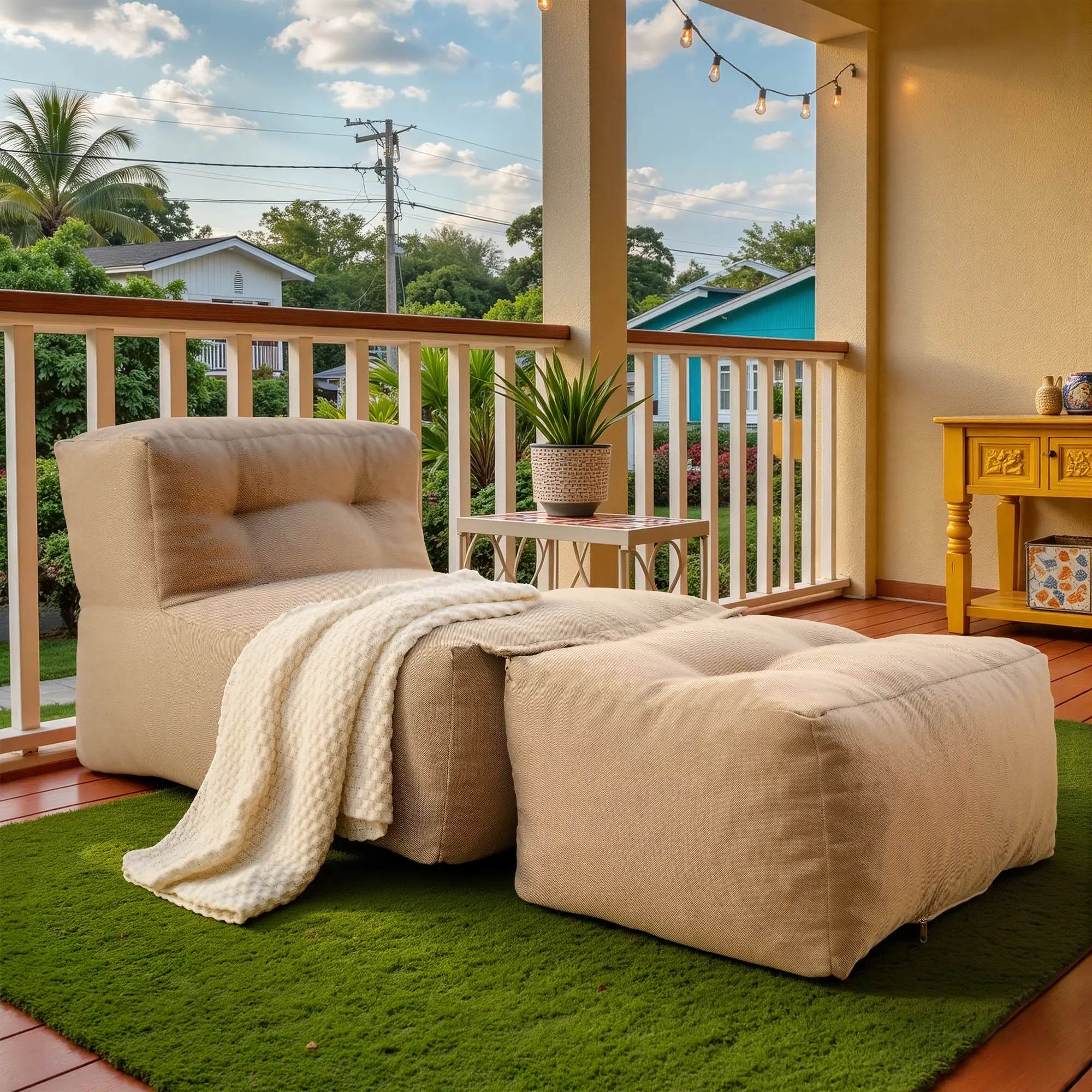 Indoor/Outdoor Beanbag Lounge Chair with Detachable Zippered Ottoman, 57in Thick Shredded Foam Filling, Weather-Resistant Lounger with Footrest, All Weather Relaxation Seating for Pool Deck Backyard