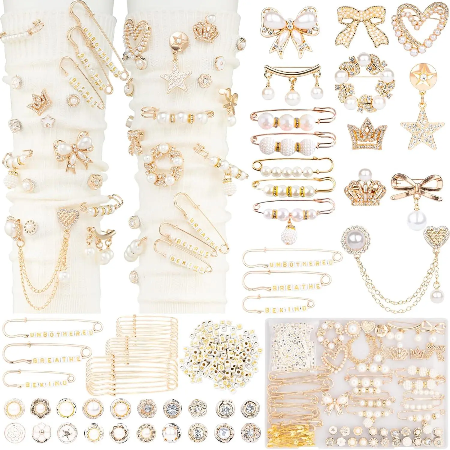 Women’s 335-Piece Junk Sock Charm Kit - Charms Making Accessory Must Have with Letter Beads, Gold Footwear Accents, Brooches, Pins, Safety Pin Adornments, Pearls, Rhinestones for Bedazzling Ideas, Jewelry Inspo Upcycling Gifts