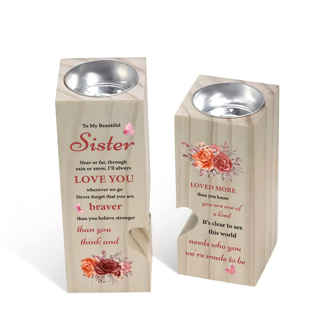 2-Piece Heart Cutout Wooden Tea Light Candle Holder Set, Floral-Printed Home Decor Gift for Sister’s Birthday, Christmas