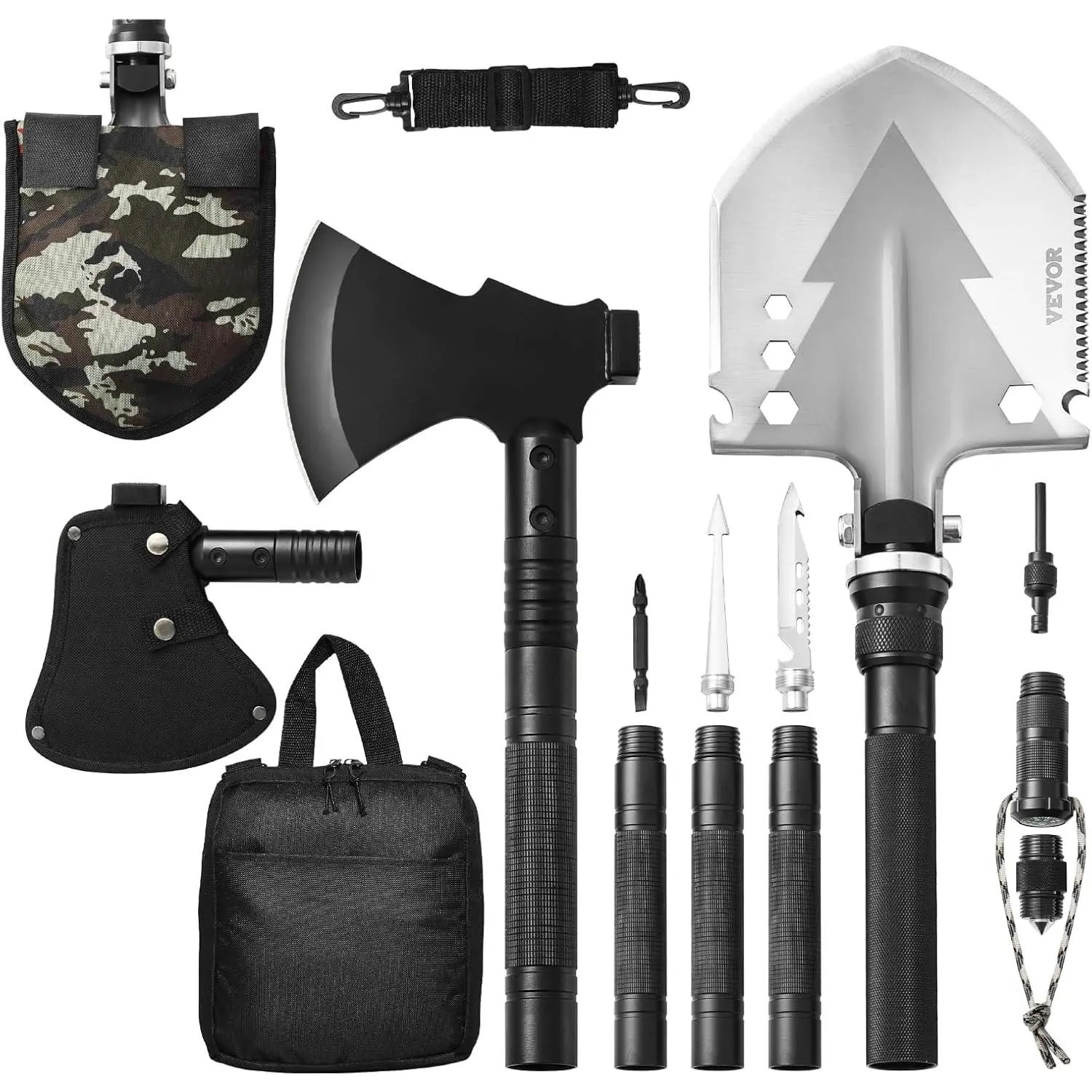 vevor Survival Shovel Survival Axe -16-in-1 Camping Folding Shovels with Hatchet - Stainless Steel Tactical Shovel Hatchet Combo - Multifunctional Emergency Survival Gear Equipment for Camping Hiking