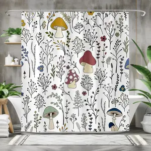 1pc  Stylish floral mushroom shower curtain modern home bathroom decor nature inspired elegant botanical plants charming colorful mushrooms whimsical design artistic bathroom accessory eye-catching decoration creative element