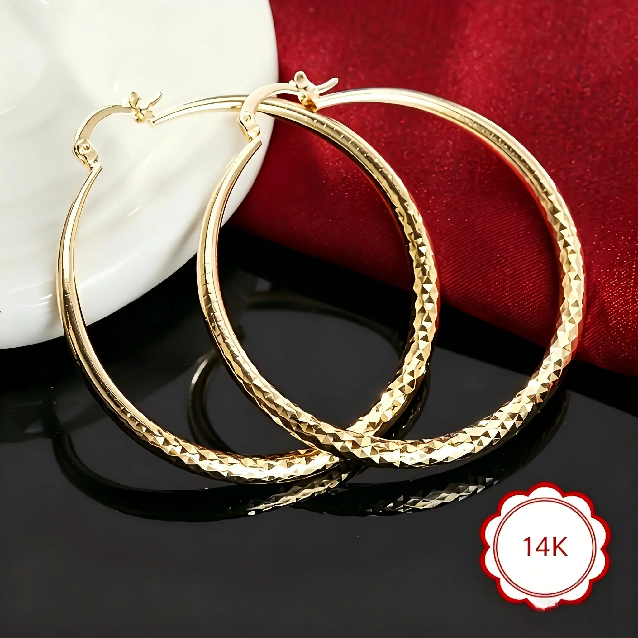14K Gold Hoop Earrings for Women, Textured Diamond Cut Large Big Circle Hoop Earrings, Lightweight Hypoallergenic Click Top Huggie Hoops Jewelry Gift for Daily Wear Party
