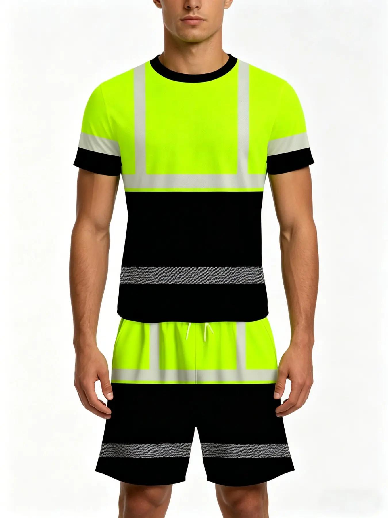 Men's High Visibility Reflective Workwear Set, Fluorescent Short Sleeve Tee and Shorts, Casual Loose-Fit Two-Piece Outfit