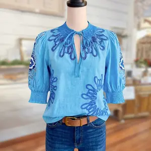 Sagevell Blue Printed Puff Sleeve Blouse for Women, Tie Neck Short Sleeve Top, Casual Boho Shirt