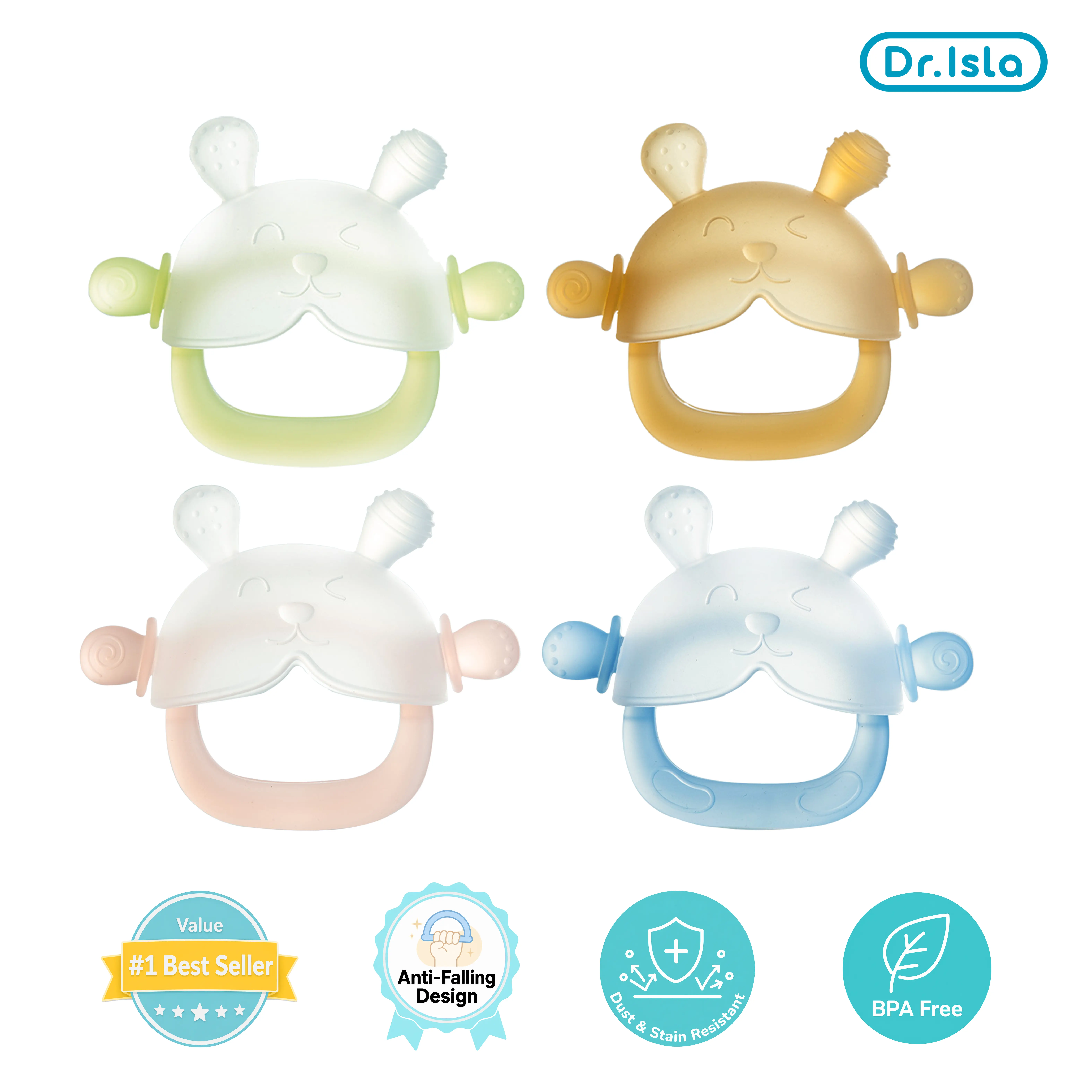 Dr.Isla No-Drop Baby Teether, Soothe Crying Baby, Stop Dirty Finger Sucking, Calm Fussy Infants, Anti-Dust Frosted Silicone, Pet Hair Proof, 3M+, Soothes Gums, Food Grade BPA Free, Standing Base, Bunny Buddy, Storage Case, Clean & Safe #summervibes summer